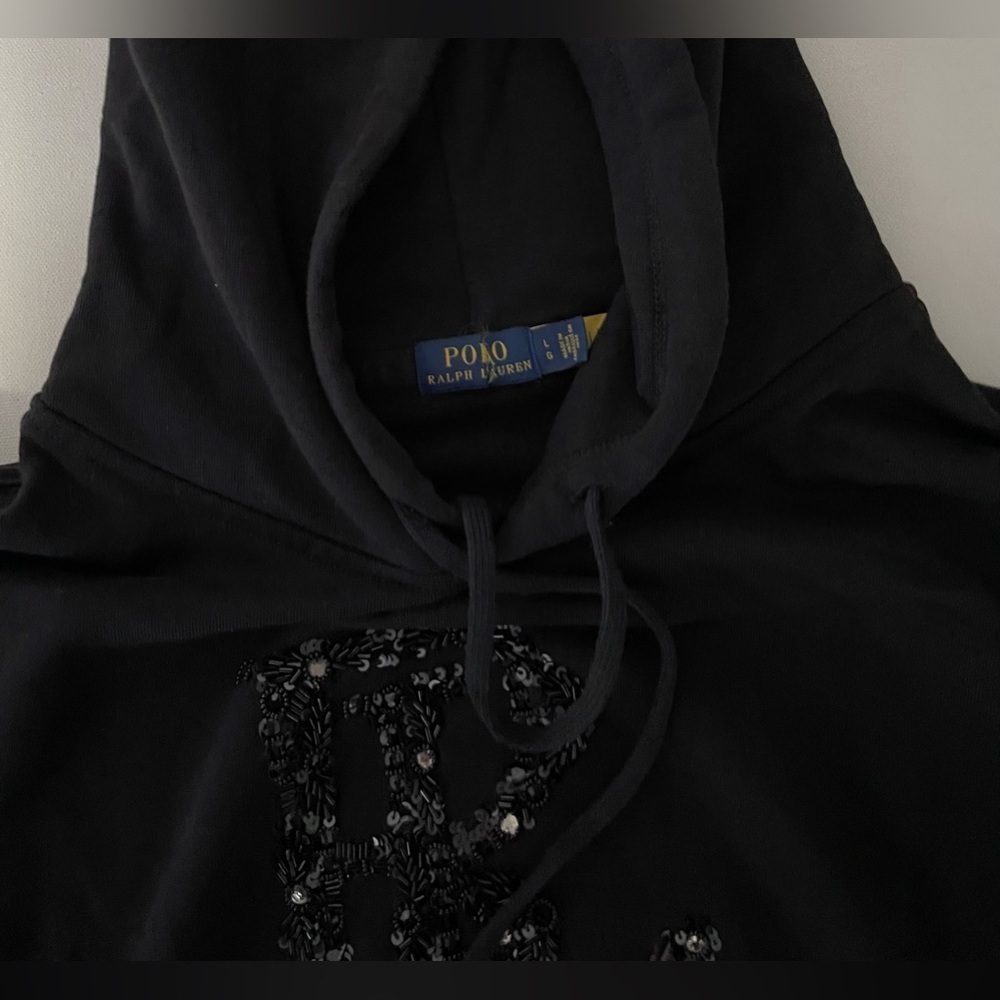 SET POLO RALPH LAUREN Embellished Logo French Terry Hoodie Jogger L Black bling - Picture 13 of 17